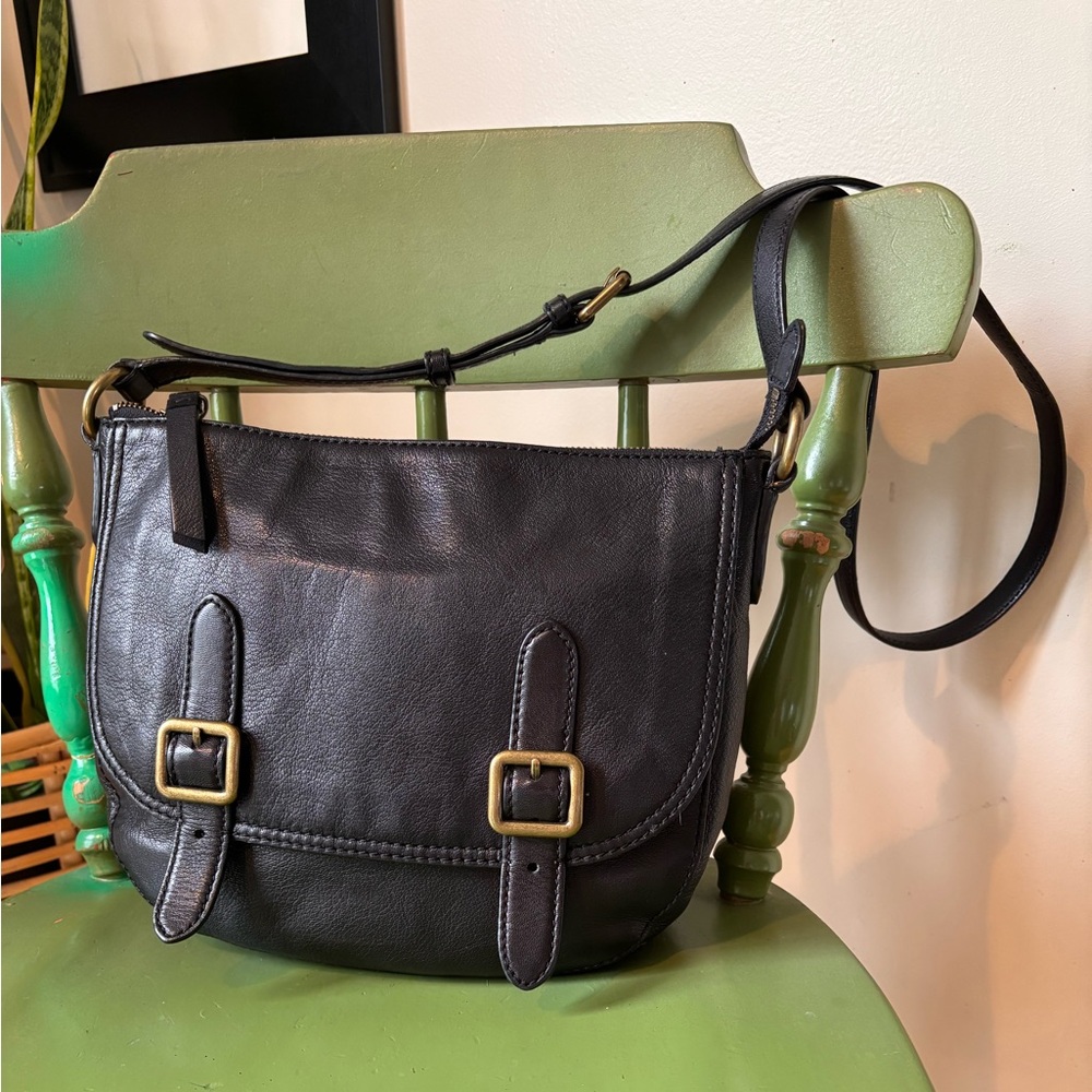 Frye Black Leather Crossbody Bag with Buckle Accents